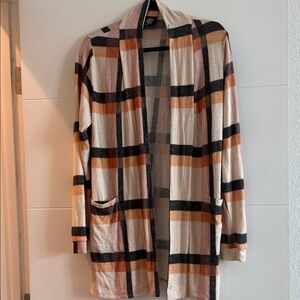bobeau Plaid Open-Front Cardigan in Cream, Black, Pink, and Orange